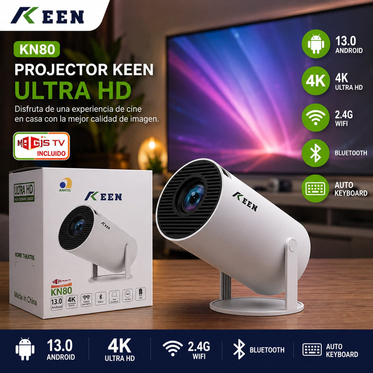 Proyector Smart Ultra HD 4K KEEN KN80 con Android 13 y WiFi